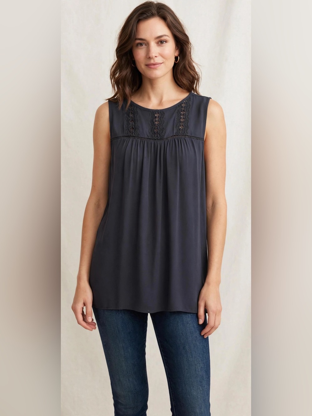 LOFT Charcoal Lace Yoke Tank Top